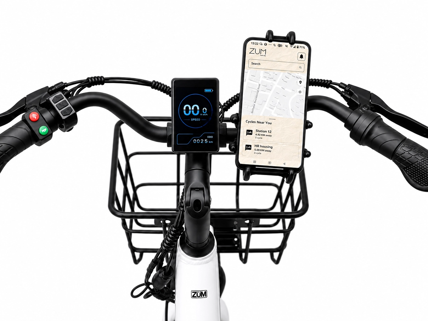 Phone secured in the handlebar holder, shown from the rider's point of view
